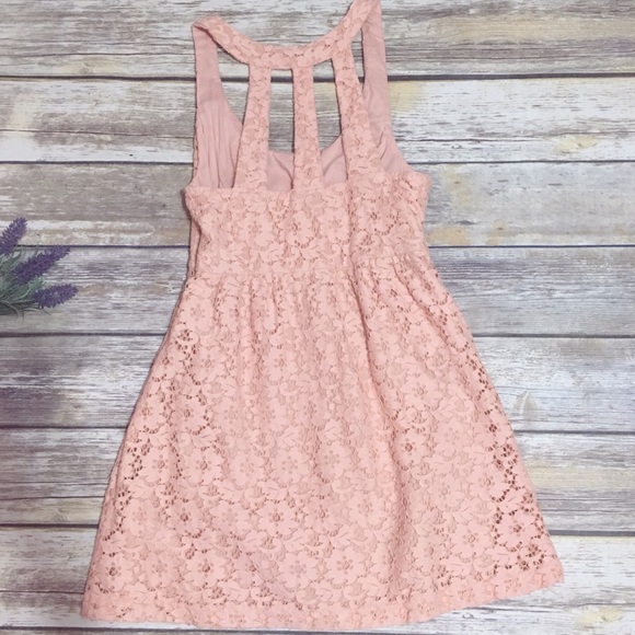 Peach Lace Fit & Flare Caged Back Halter Dress - Picture 5 of 5